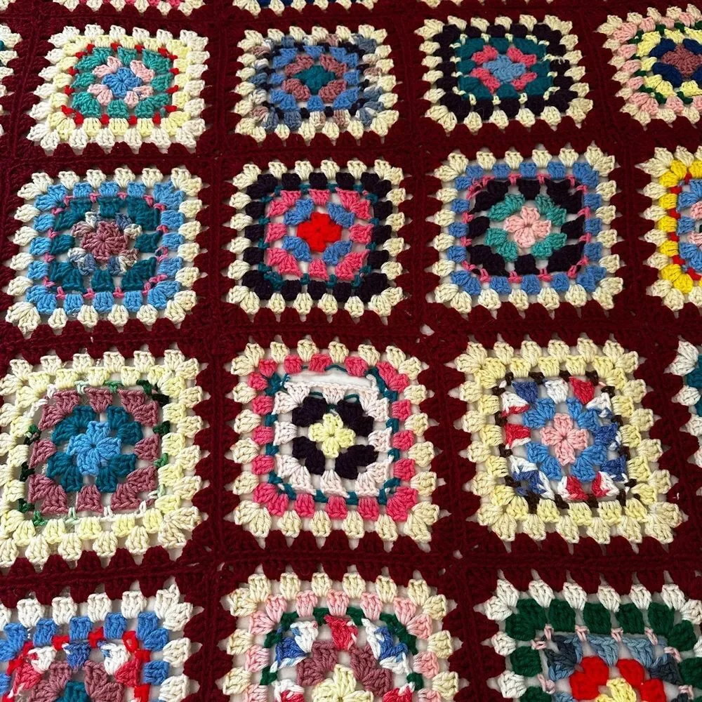 Vintage Crochet Granny Square Blanket 64X78 Afghan Cottagecore Boho Roseanne
